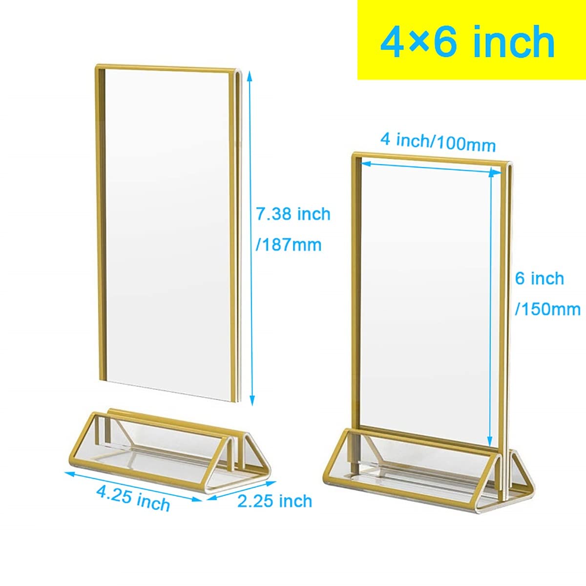 Soportes acrílicos dorados para números de mesa para bodas, paquete de 6 marcos de fotos de acrílico transparente dorado, soporte de exhibición de menú de mesa de doble cara de 4 x 6 pulgadas