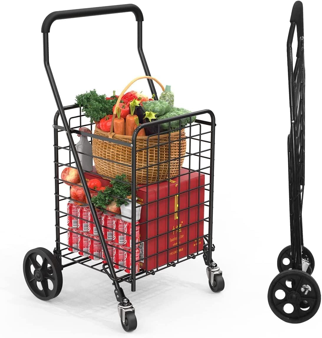 Grocery Shopping Cart with 360° Rolling Swivel Wheels Utility Cart Easily Collapsible Cart 66lb Extended Foam Cover, Trolley for Laundry,Groceries,Travel Black (Medium)