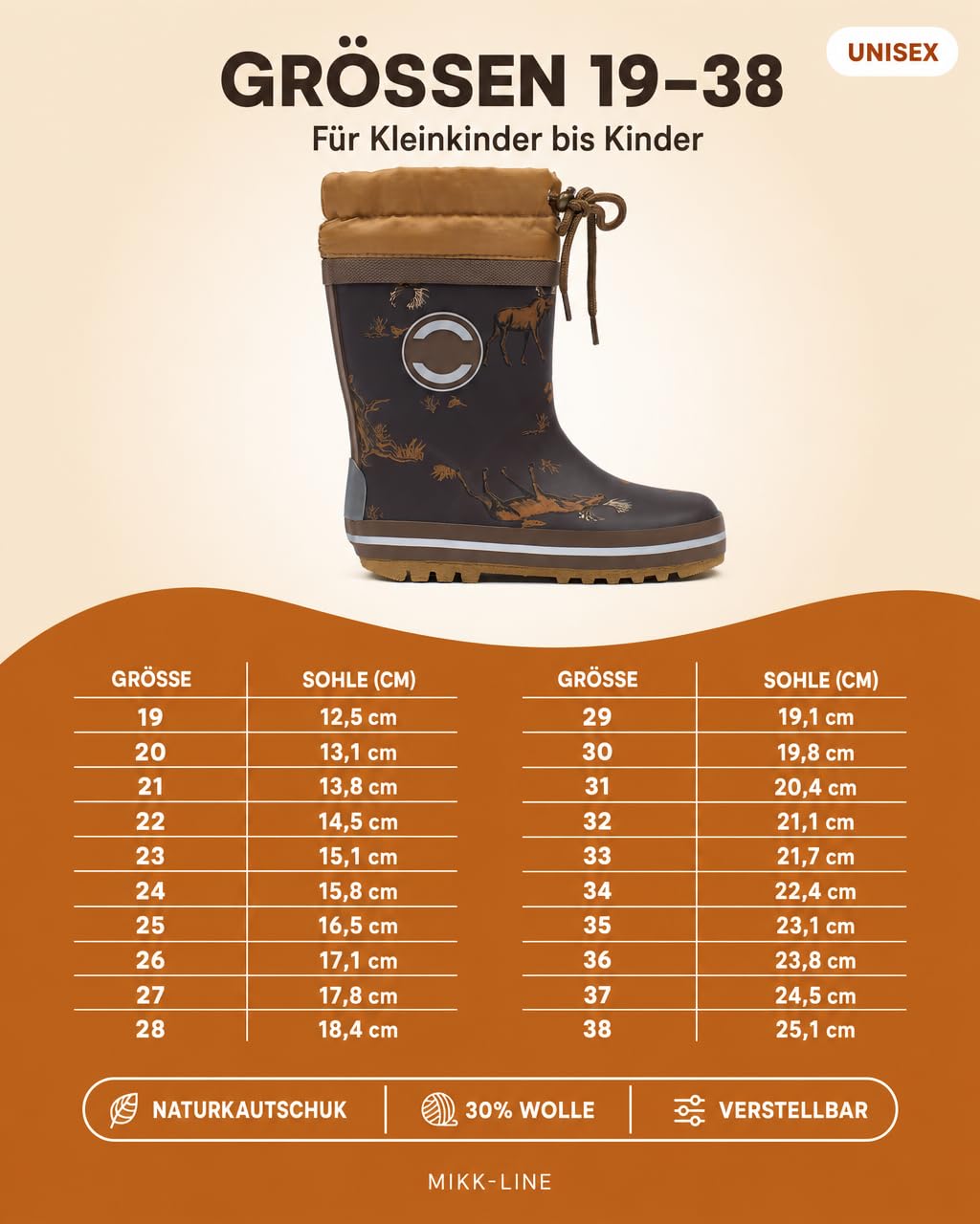 Mikk-line Bottes en caoutchouc thermique pour enfants | Bottes d'hiver pour enfants avec lacets | Bottes en caoutchouc doublées avec détails réfléchissants | Bottes de pluie pour enfants en caoutchouc