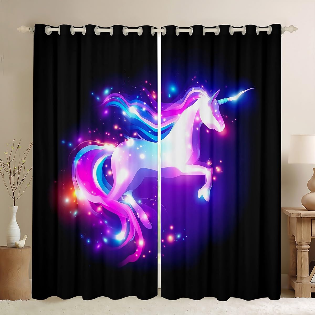 Homemissing Einhorn Glitter Vorhänge 245x140cm für Kinder Jungen Mädchen Teens magisches Einhorn Fenstervorhang niedliche Tierdruck Blickdichte Vorhänge