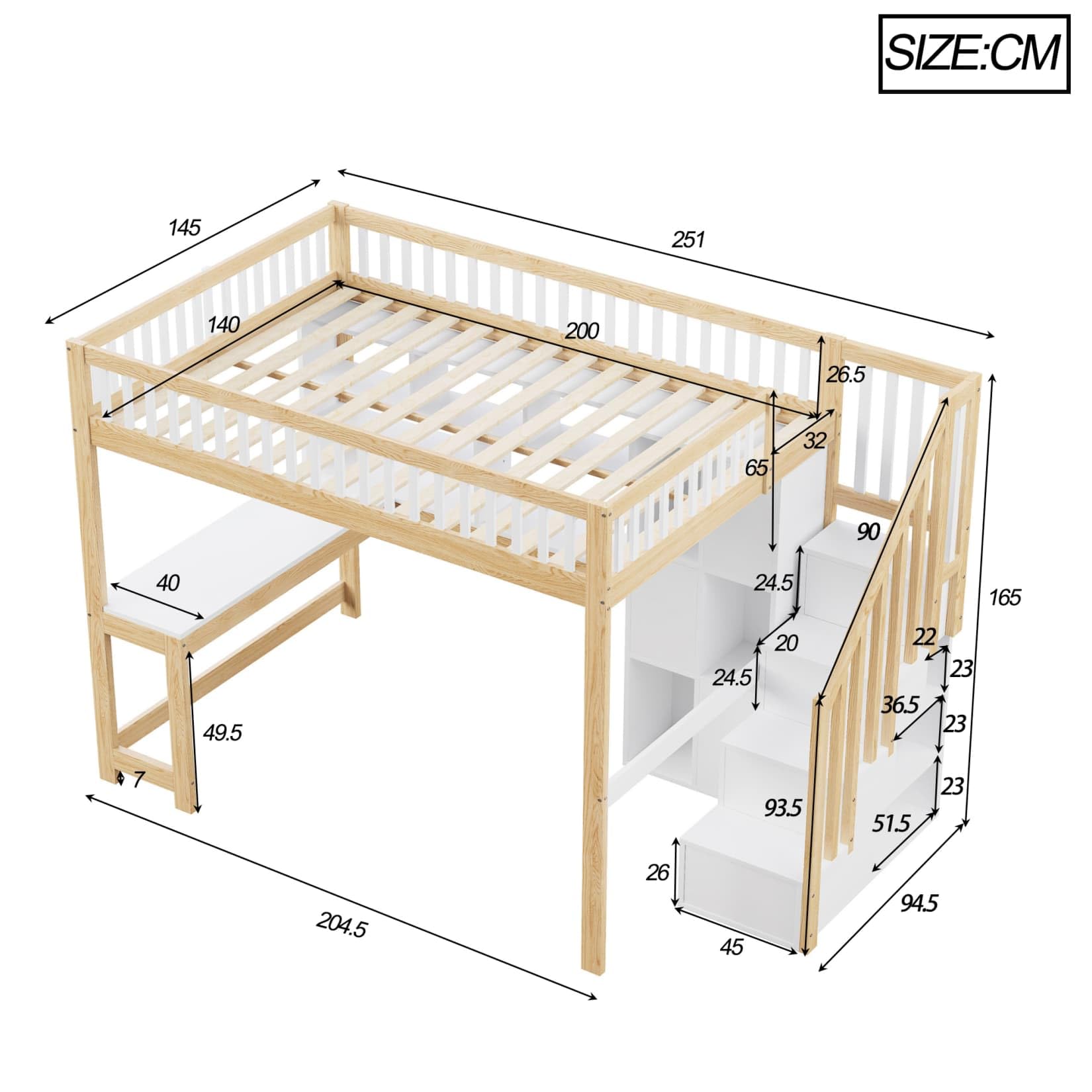 Lit Mezzanine 2 Places 140x200cm,Cadre de Lit 2 Personnes avec Éclairage LED Réglable,Bureau,Étagères,Échelle de Rangement,pour Garçons Filles(Naturel, 140x200)