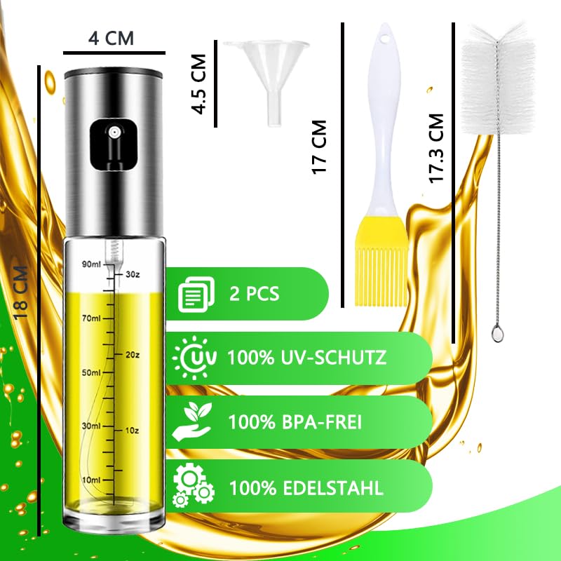 Vaporisateur à Huile Renforcé - 2 Pièces - 100 Ml - Pour Huile D'Olive, Vinaigre - Cuisine Saine Et Économique