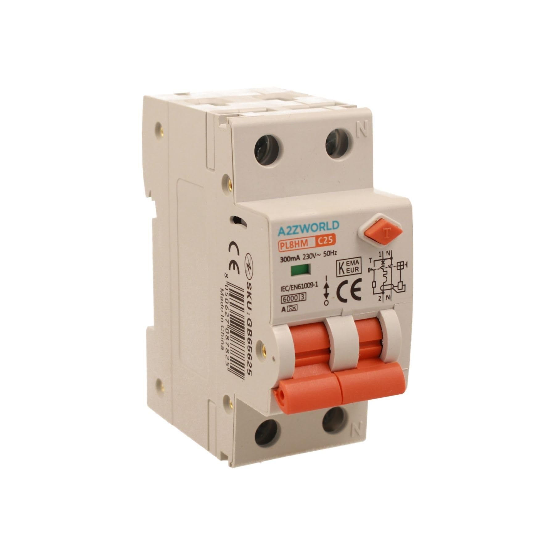 A2ZWORLD Interruttore Magnetotermico Differenziale Tipo A 300mA, RCBO Classe A 2P C25 25A, Curva C 1P+N 6000A, Occupa 2 Moduli DIN, AC 230V IP20 IEC61009-1