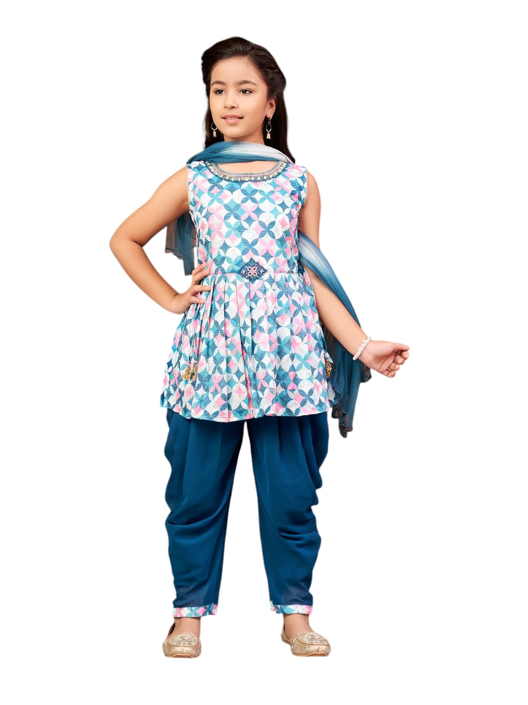 Aarika Girls Ethnic Wear Sea Green Colour Floral Print Beads Embroidery Cotton Blend Dhoti Kurta Set With Dupatta-4-9 Years (Dh-Shm-5017)
