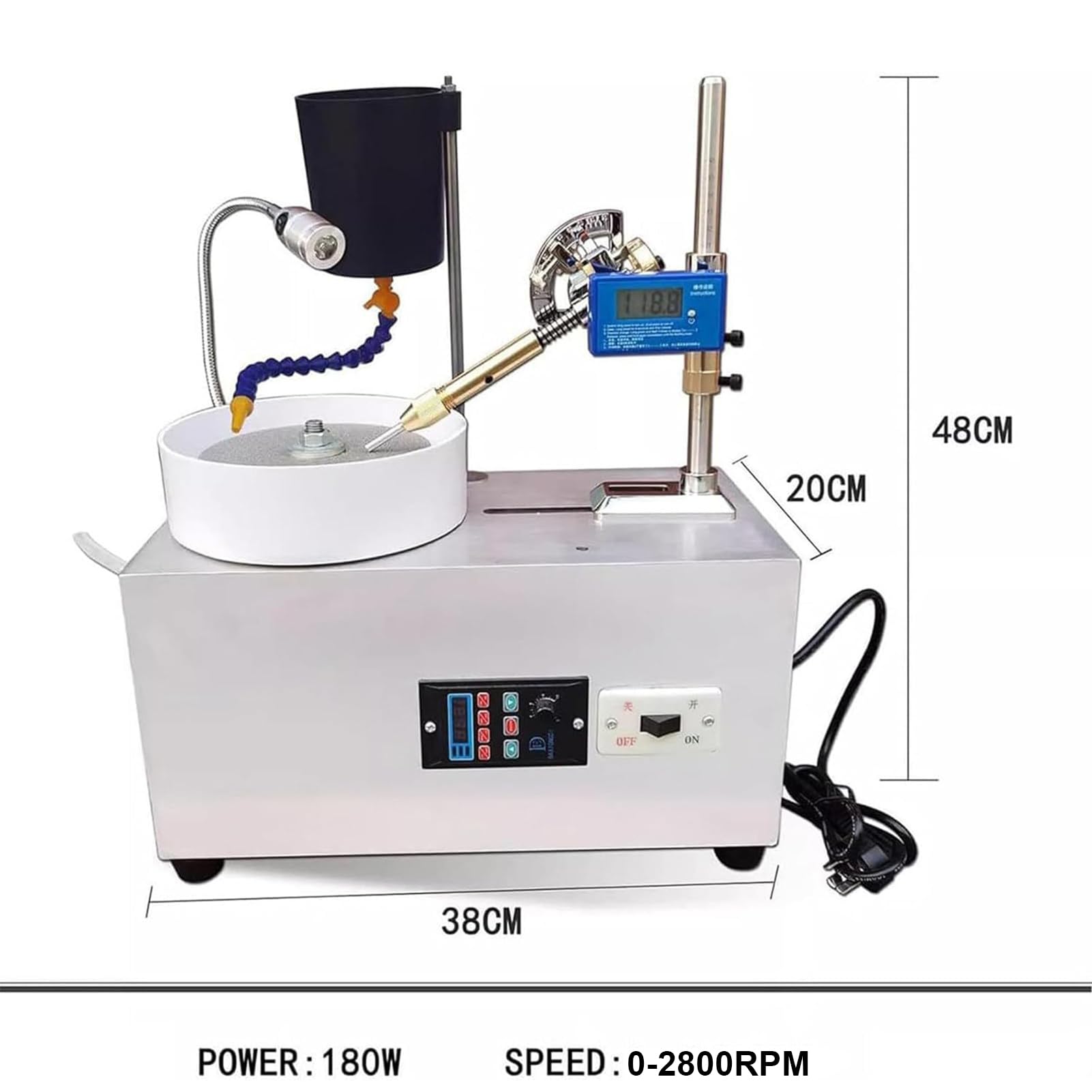 Polisseuse de Pierre, Machine à Facetter Silencieuse, Moteur Cuivre 180W, Couple 80 Nm, Vitesse 0-2800 Tr/min, Éclairage Réglable, Anti-Projection, Meulage Polissage, pour Gemmes, Sculpture