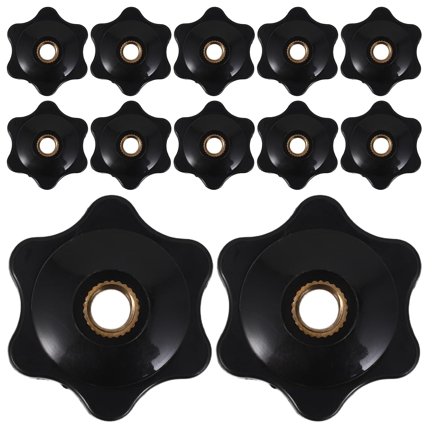 12pcs Black 1/4" Threaded Copper Core Hex Star Clamping Knobs with Nut Knurled Hand-Tightening Handles for Machinery and Adjustable Bolts