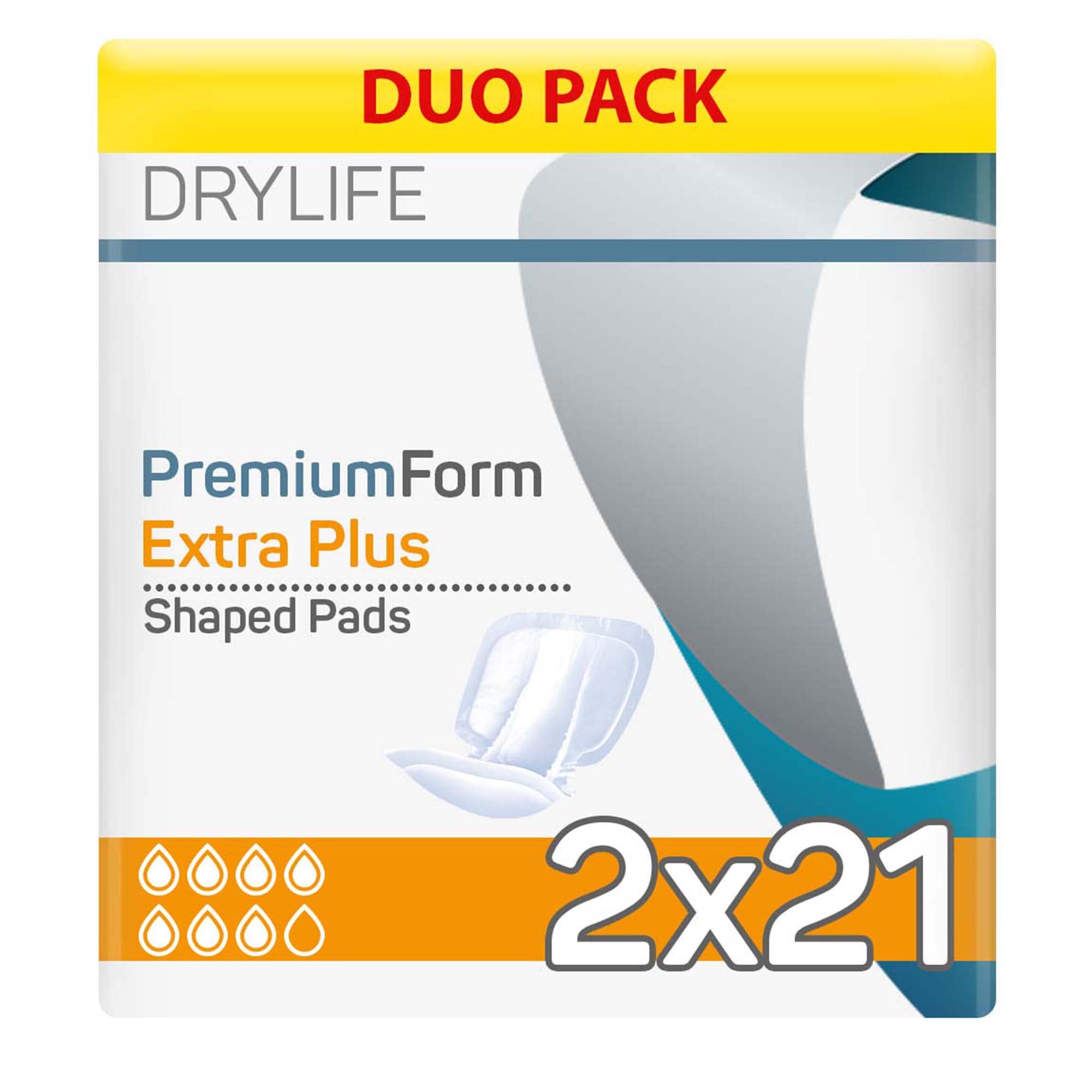 Drylife Premium Form Unisex Incontinence Shaped Pads | Dry Feel Technology, Anti-Leakage Cuffs, Odour Control & 100% Breathable Cotton Material - Extra Plus (2 Packs of 21), White