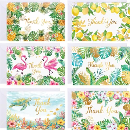 Colarr 48 Pcs Tropical Thank You Cards with Envelopes and Stickers, 4x6 Gold Foil Hawaiian Luau Blank Notes Watercolor Flamingo Pineapple Jungle Theme for Summer Wedding Birthday Bridal Baby Shower