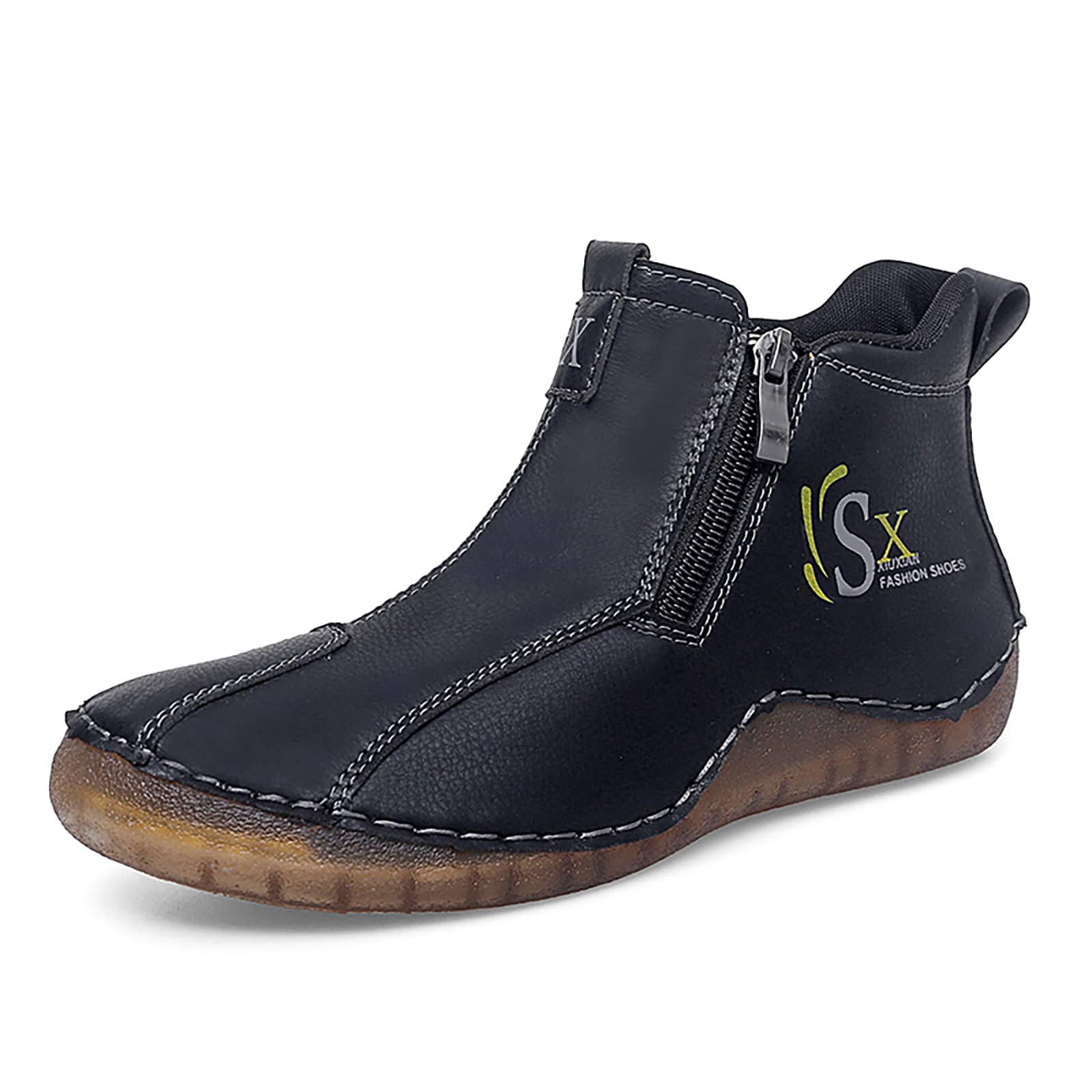 Womens Handsewn Flat Causal Ankle Boots Comfortable Side Zipper Pull On Round toe Handmade Work High Top Fashion