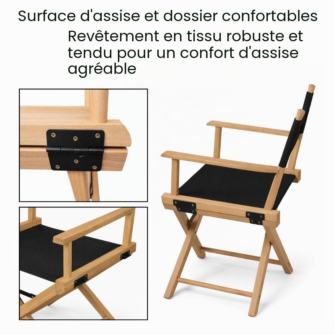 Chaise réalisateur en Bois de hêtre – Chaise Pliante avec Assise en Tissu Noir – Légère & compacte pour Jardin, Balcon, Camping