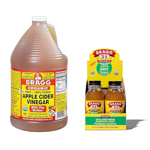 Bragg Vinagre de sidra de manzana orgánico con la madre 128 onzas y vinagre de sidra de manzana orgánico Bragg con piña Cayena 2 onzas ACV Shot Pack