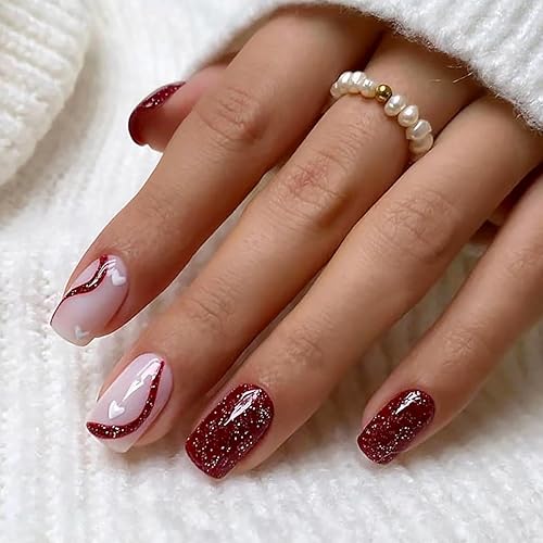 24 uñas postizas cortas a presión, uñas postizas cuadradas color rojo vino con purpurina ondulada, diseño de uñas adhesivas para otoño, invierno,
