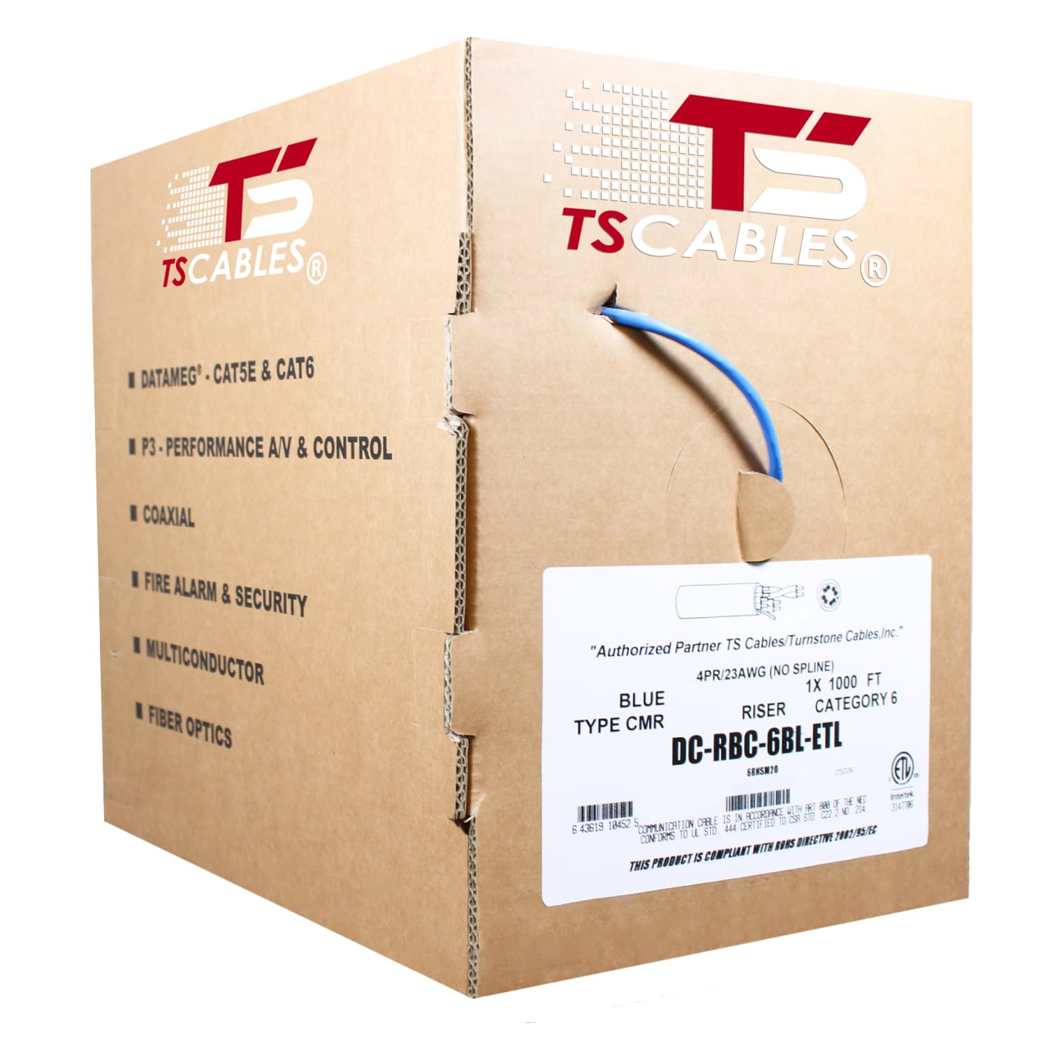 TSCables Cat6 Riser (CMR) Bulk Ethernet-Kabel, 23 AWG, massives blankes Kupfer, 550 MHz, PoE++ (4PPoE), Hochleistungs-Netzwerkkabel, ungeschirmtes Twisted Pair (UTP), Blau
