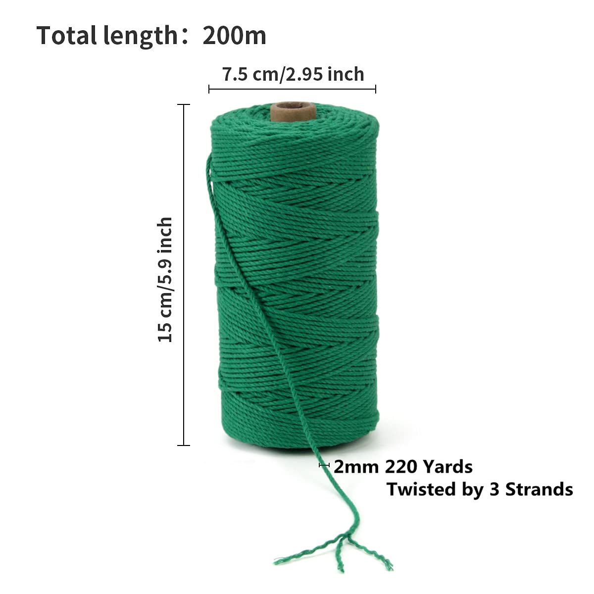 POZEAN sznurek do makramy, 2 mm x 220 m (ok. 200 m), kolorowa lina do makramy, 100% naturalna bawełniana lina do powieszenia na ścianie, wieszaki na rośliny, rękodzieło, robótki na drutach, Boże