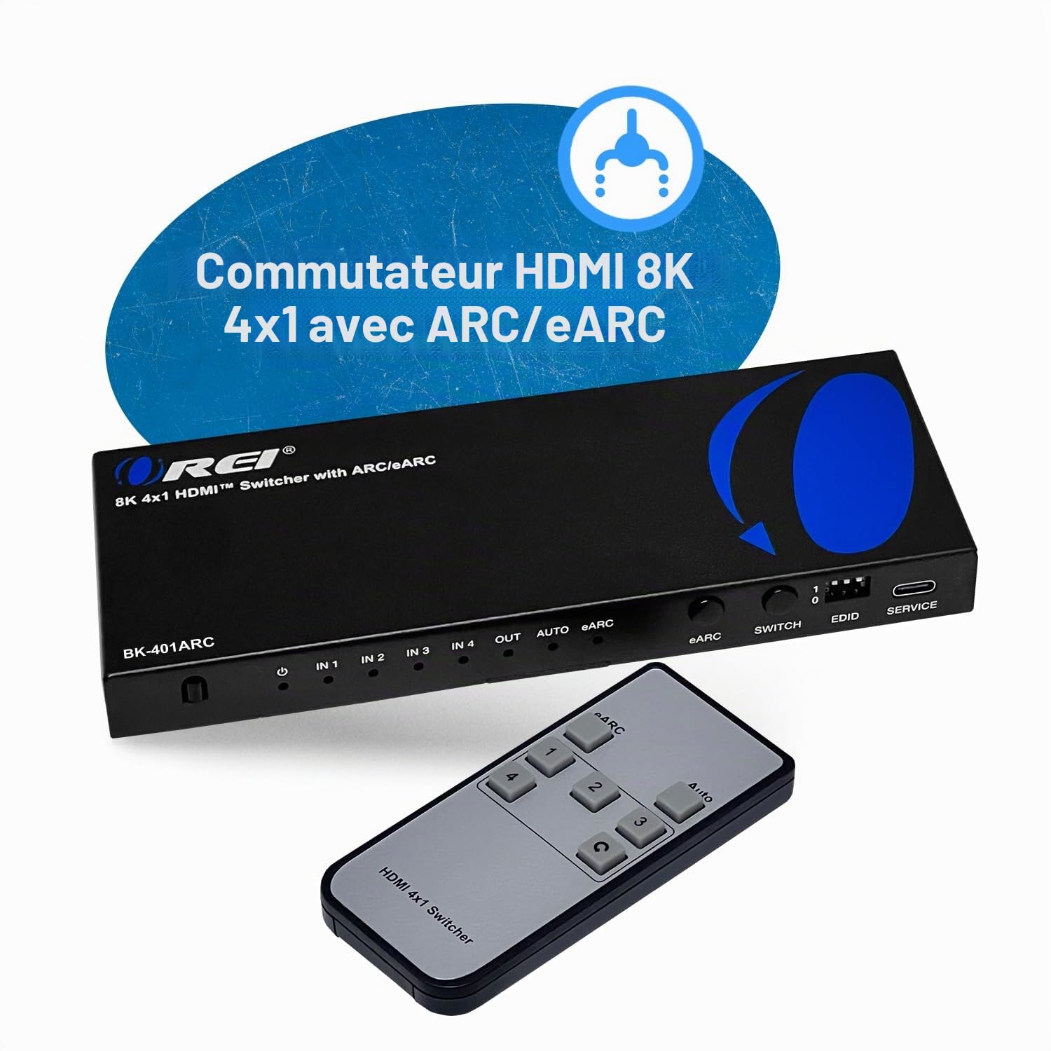 OREI 8K eARC HDMI 2.1 Switch 4 x 1, commutateur avec extracteur Audio UltraHD Prend en Charge jusqu'à 4K @ 120 Hz PS5, Jeux, télécommande Contorl IR EDID HDCP 2.3 - Sortie Optique, écouteurs L/R