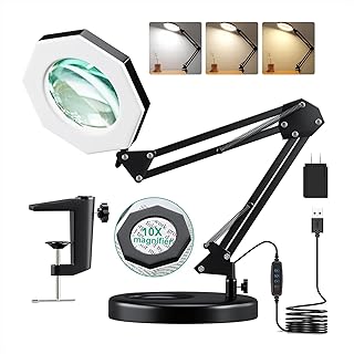 10X Magnifying Glass with Light Hand Free, HITTI 3 Color Stepless Dimmable Magnifying Lamp, 2-in-1 LED Lighted Deak Lamp & Clamp, Magnifier with Light and Stand for Craft Hobby Reading Close Workbench