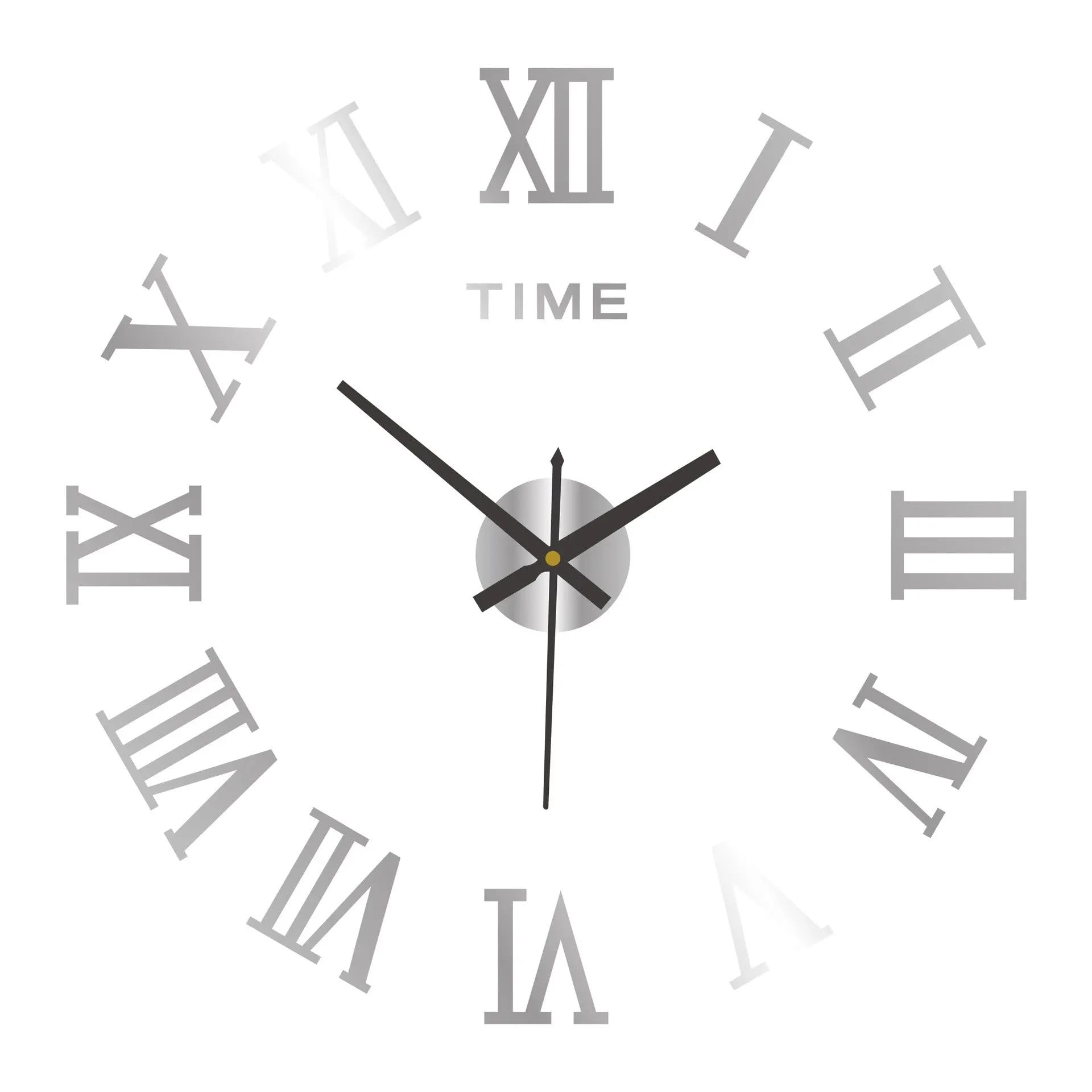 DJSKLDF Wall clock 3D Acrylic Digital Wall Clock Roman Numerals Design Mirror Fashion Large Round DIY Self Adhesive Clocks(Slivery)