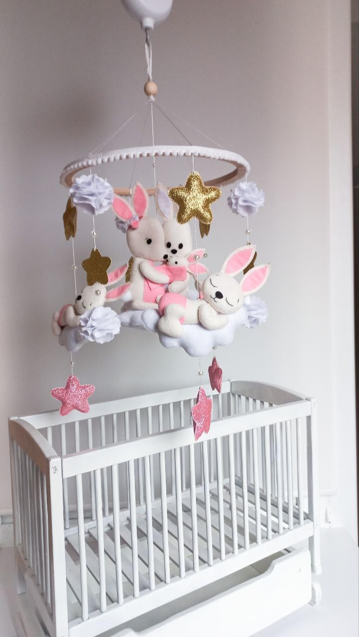 Baby mobile Montessori Giostrina lettino per neonato Carillon giostrina musicale in feltro, idea regalo neonato baby shower (Famiglia coniglietti)