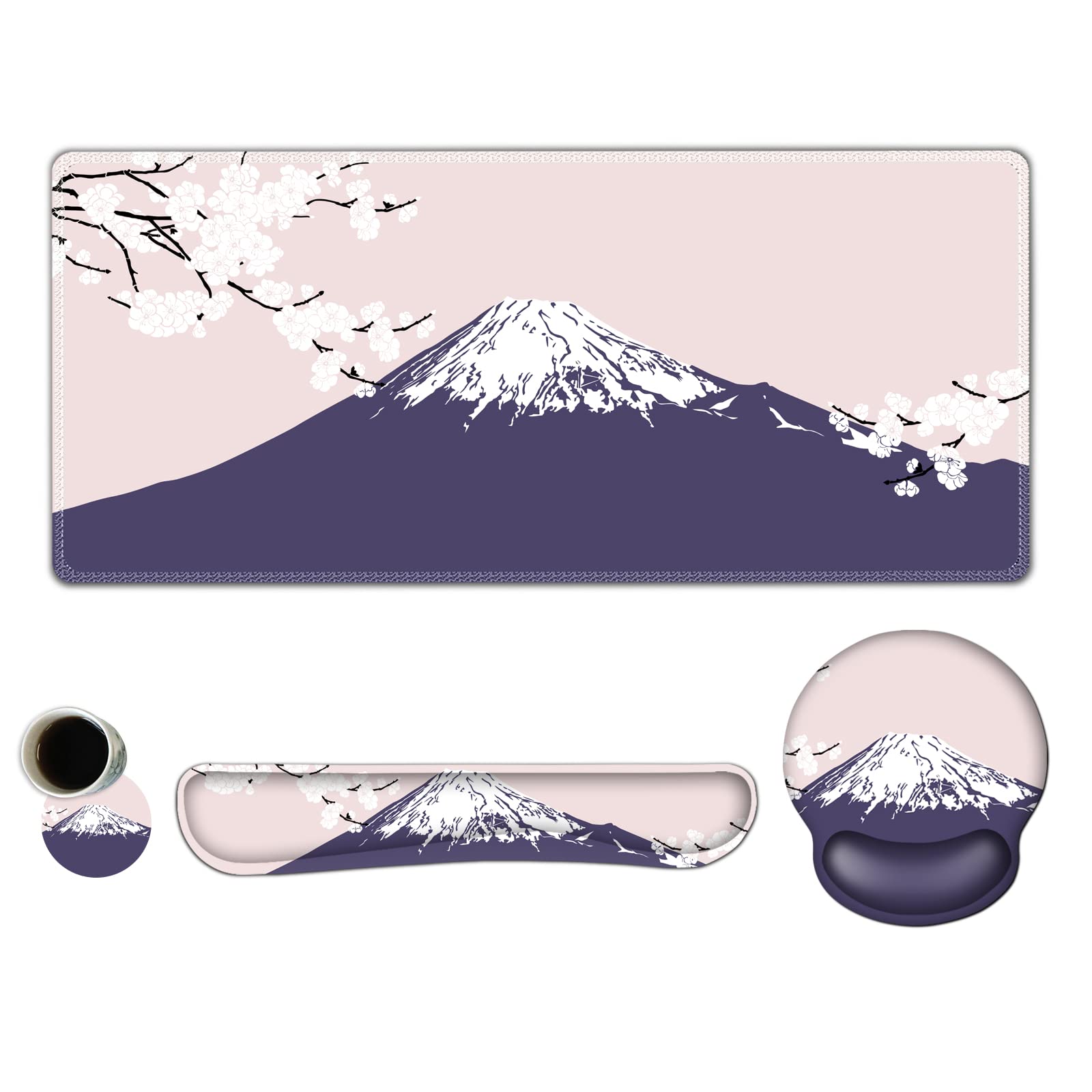 ARTSO Large Mouse Pad Set Ergonomic Keyboard Wrist Rest Support, Memory Foam Gel Wrist Pad, Non-Slip Extended Desk Mat Protector, Pink Sakura Fuji