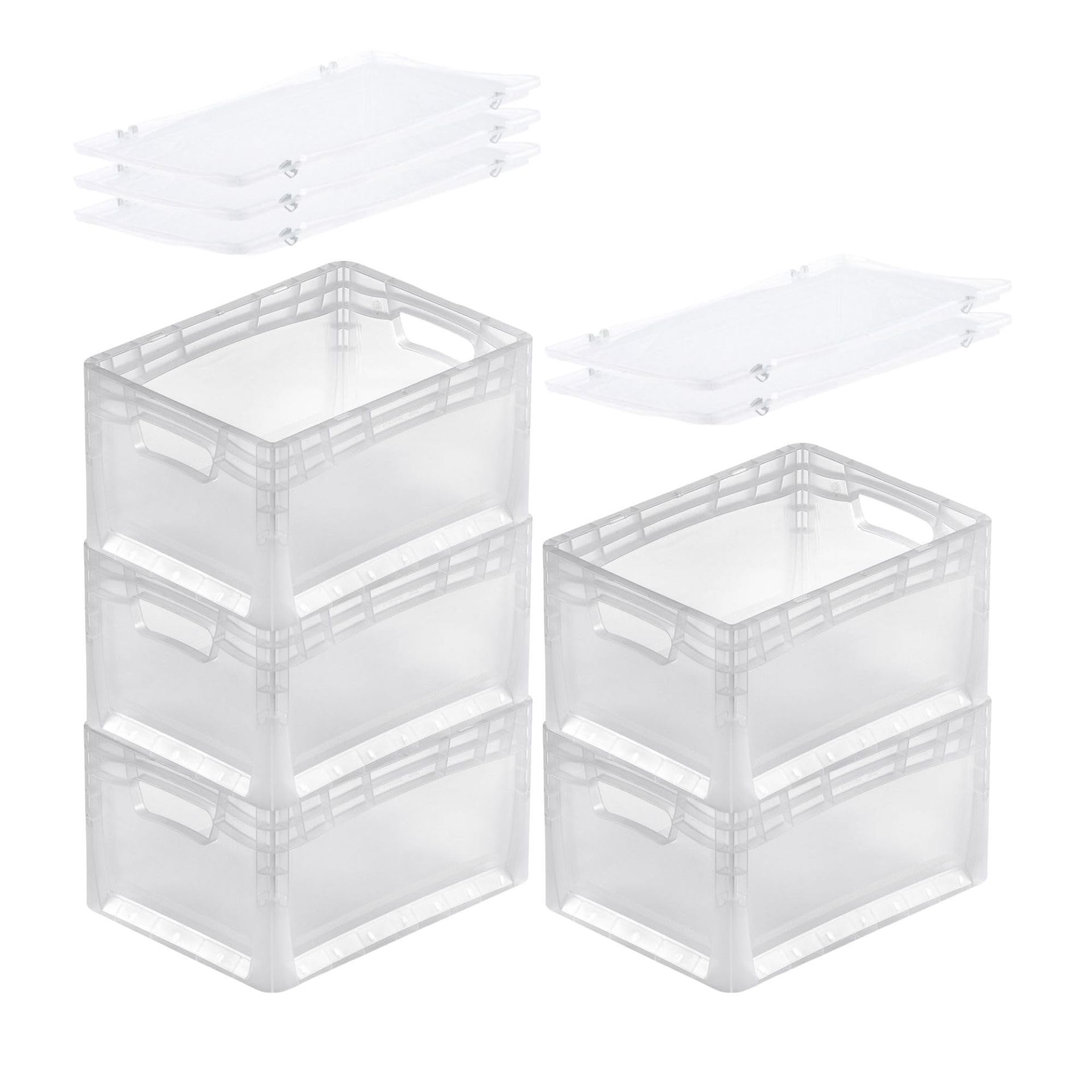 PROREGAL SuperSparSet 5x Transparenter Eurobehälter LightLine mit offenem Griff & Scharnierdeckel | HxBxT 22x30x40cm | 24 Liter | Eurobox Transportbox Transportbehälter Stapelbehälter