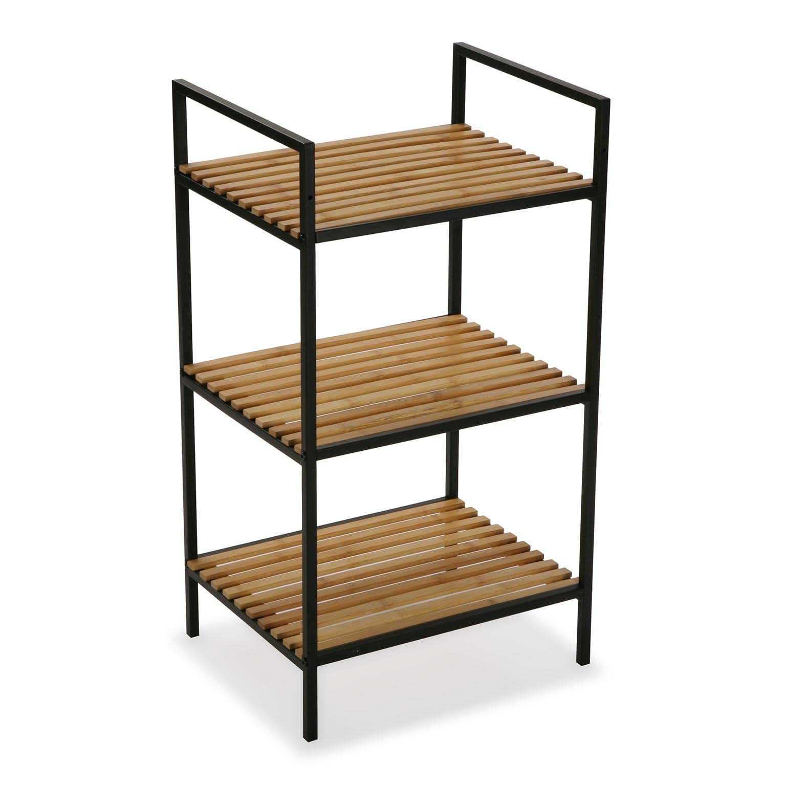 VERSA Willow Mobile Bagno, Mobiletto Bagno Salvaspazio, Mobiletti, Scaffalatura organizzativa a 3 Ripiani, Misure (A x L x l) 70 x 32,5 x 39 cm, bambù e Metallo, Colore Nero
