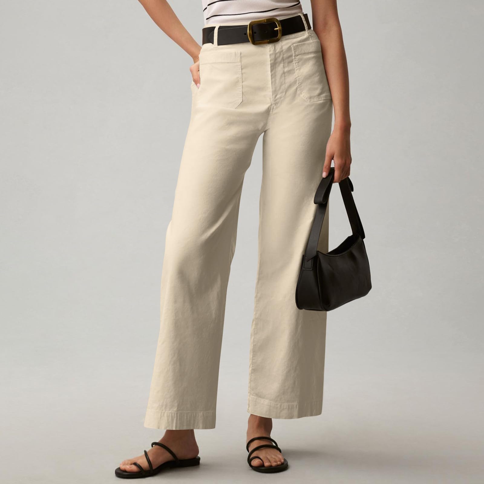 Women Stretch Twill Cropped Pants Wide Leg Jeans with Patch Pocket Casual Straight Leg Chino Pants High Waisted Baggy Ankle Jeans Tummy Control Button Cropped Denim Pants with Pockets Flare Jeans