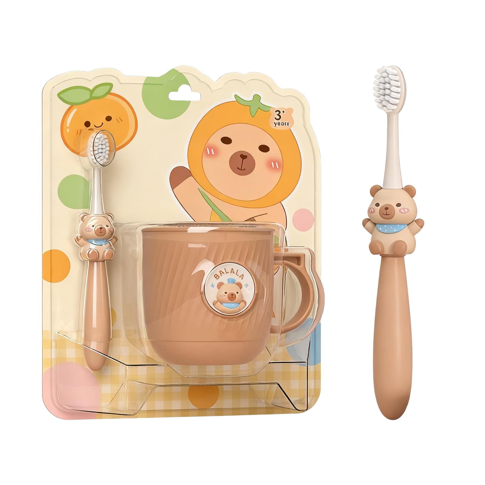 Capybara Kids Toothbrush Set - with Tooth Cup and Toothbrush - Kids Toothbrush, Child-Sized Brush Head, Easy Storage, Suitable for Kids Ages 3-12, Girls and Boys Set (Brown)