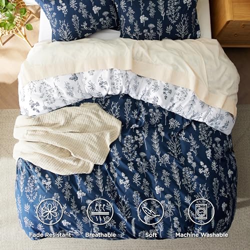 Image of Bedsure Duvet Cover King Size - Reversible Navy Blue King Duvet Cover Set with Zipper Closure, 3 Pieces Floral Patterned Bedding Set with 8 Corner Ties and 2 Pillow Shams