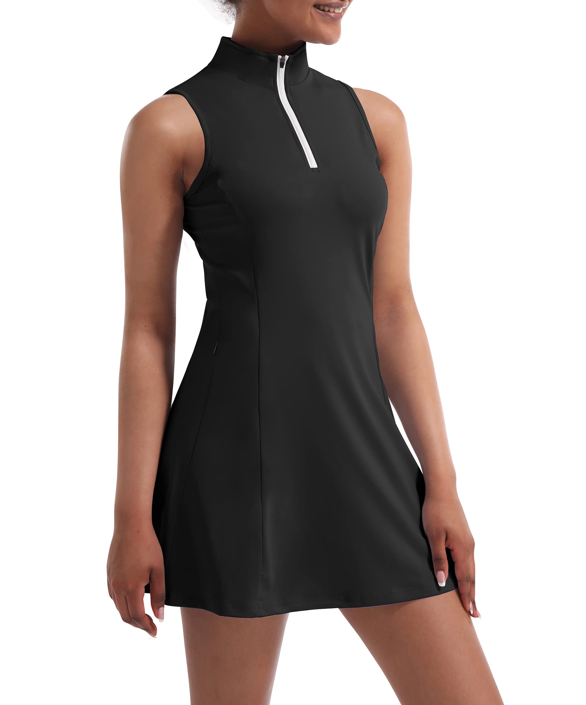 Abito da tennis da donna, abito da tennis e golf, con pantaloncini integrati e tasche, per allenamento senza maniche