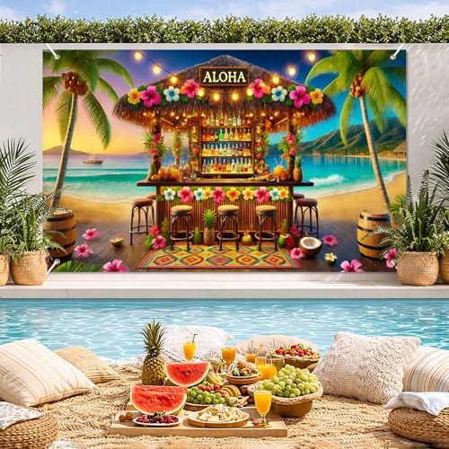 Image of BlissYard Aloha Tiki Bar Banner 71 x 43 Inch Hawaiian Luau Backdrop Tropical Beach Summer Party Decorations Hibiscus Palm Tree Photo Booth Background Indoor Outdoor Wall Decor