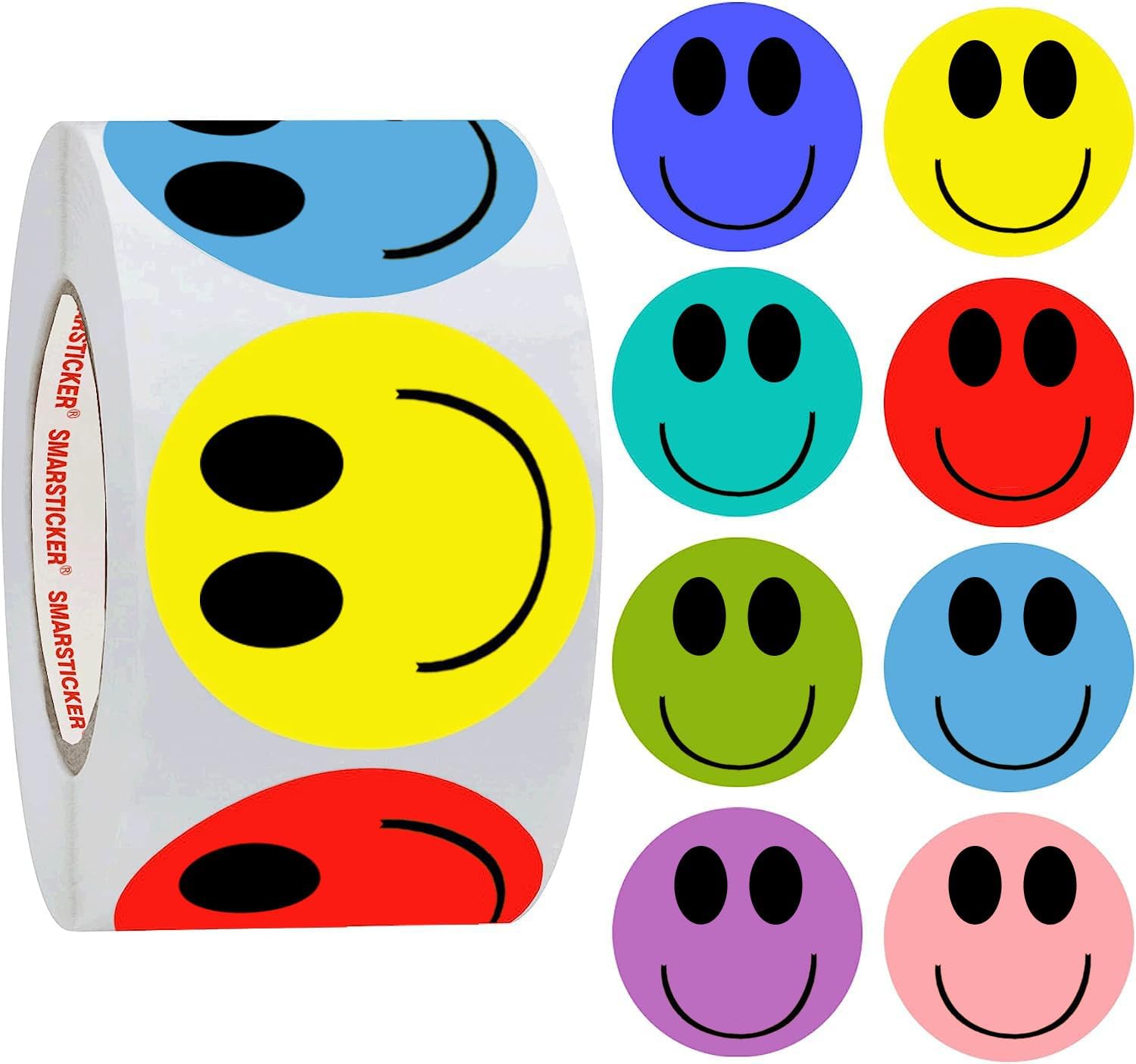 SMARSTICKER Color Yellow Happy Face Stickers - 2" Round Circle Christmas Teacher Kids Reward Labels - 500 Total Smiling Stickers