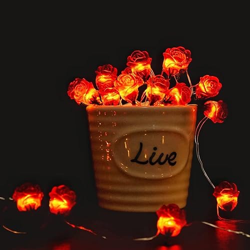 Miniatura 2 de Cynzia Guirnalda de 40 luces LED de rosas de 13 pies, funciona con pilas, decoración romántica para el día de San Valentín, luces decorativas para