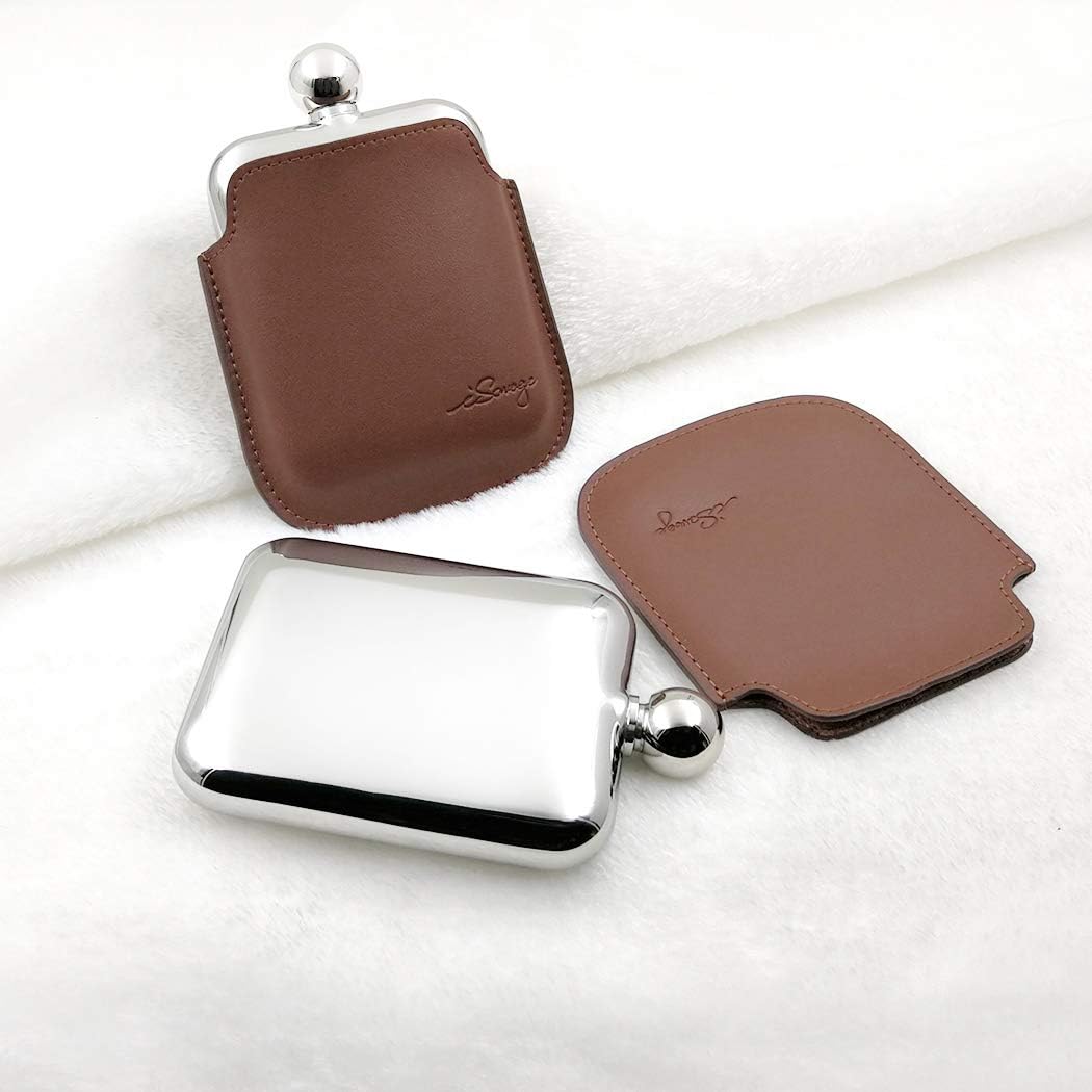 6oz Rectangle Hip Flask with a Detachable Maroon Leather Pouch-YM6072