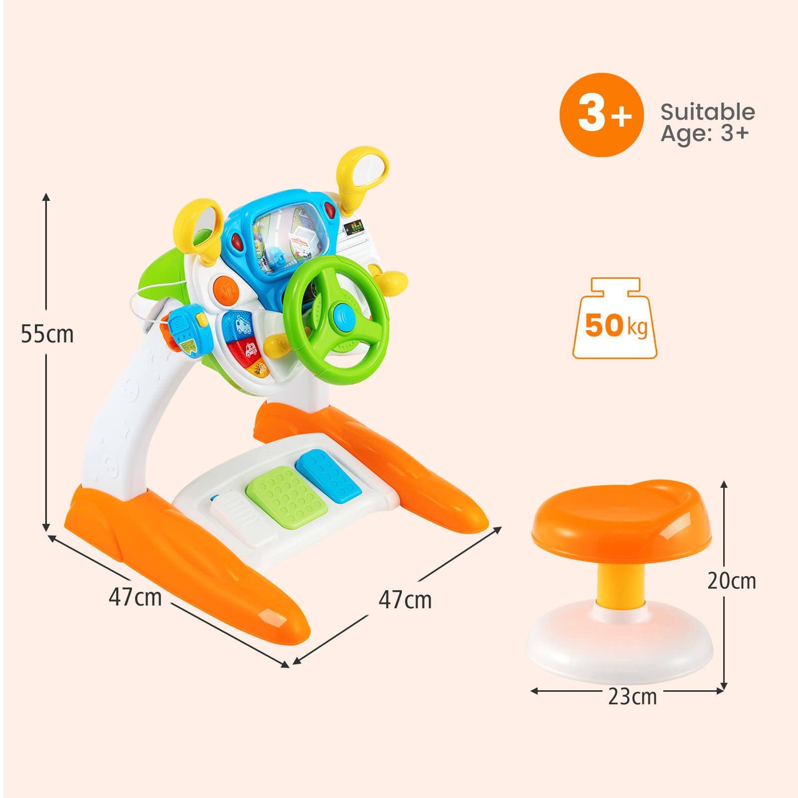 RELAX4LIFE Volante Giocattolo per Bambini, Simulatore di Guida Auto, Effetti di Luce e Suono, Gioco Educativo, Montessori, Regalo per Bambini 3+ Anni