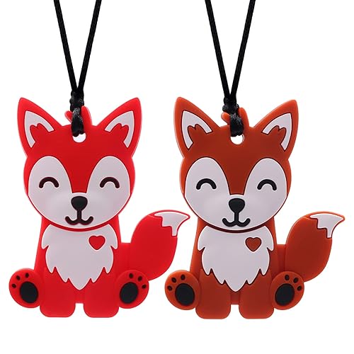 Collares masticables para niños y niñas, paquete de 2 collares masticables de silicona de zorro para autismo, TDAH, SPD, juguete masticable de motor Collares masticables para niños y niñas, paquete de 2 collares masticables de silicona de zorro para autismo, TDAH, SPD, juguete masticable de motor