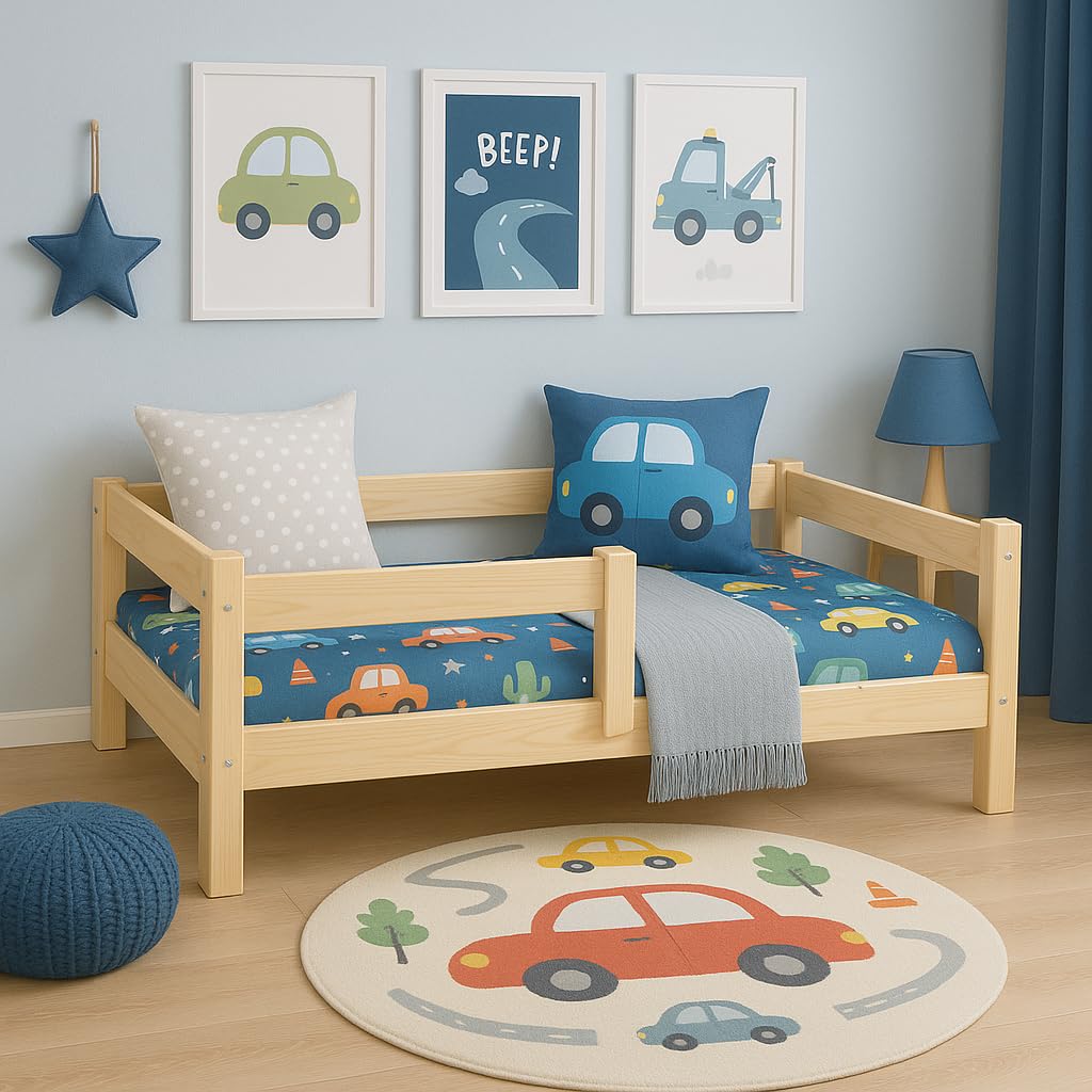 KOBI Letto per bambini 120x60 cm, con ringhiera - Letto da terra Primo in legno di pino naturale