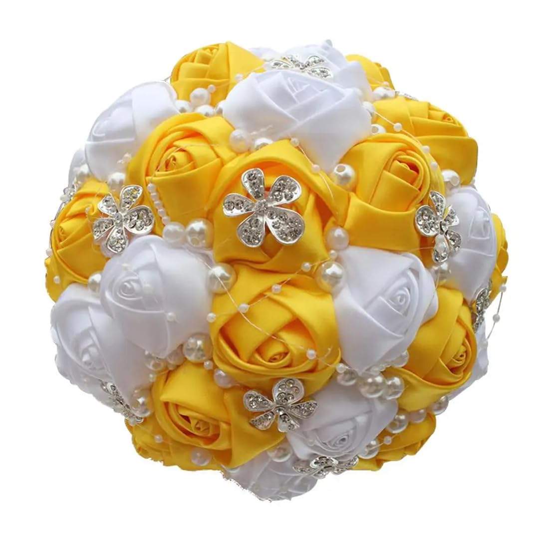 HJRegaFimu Silk Artificial Flower Bridal Bouquets Crystal Pearls Bridesmaid Wedding 18cm Ivory