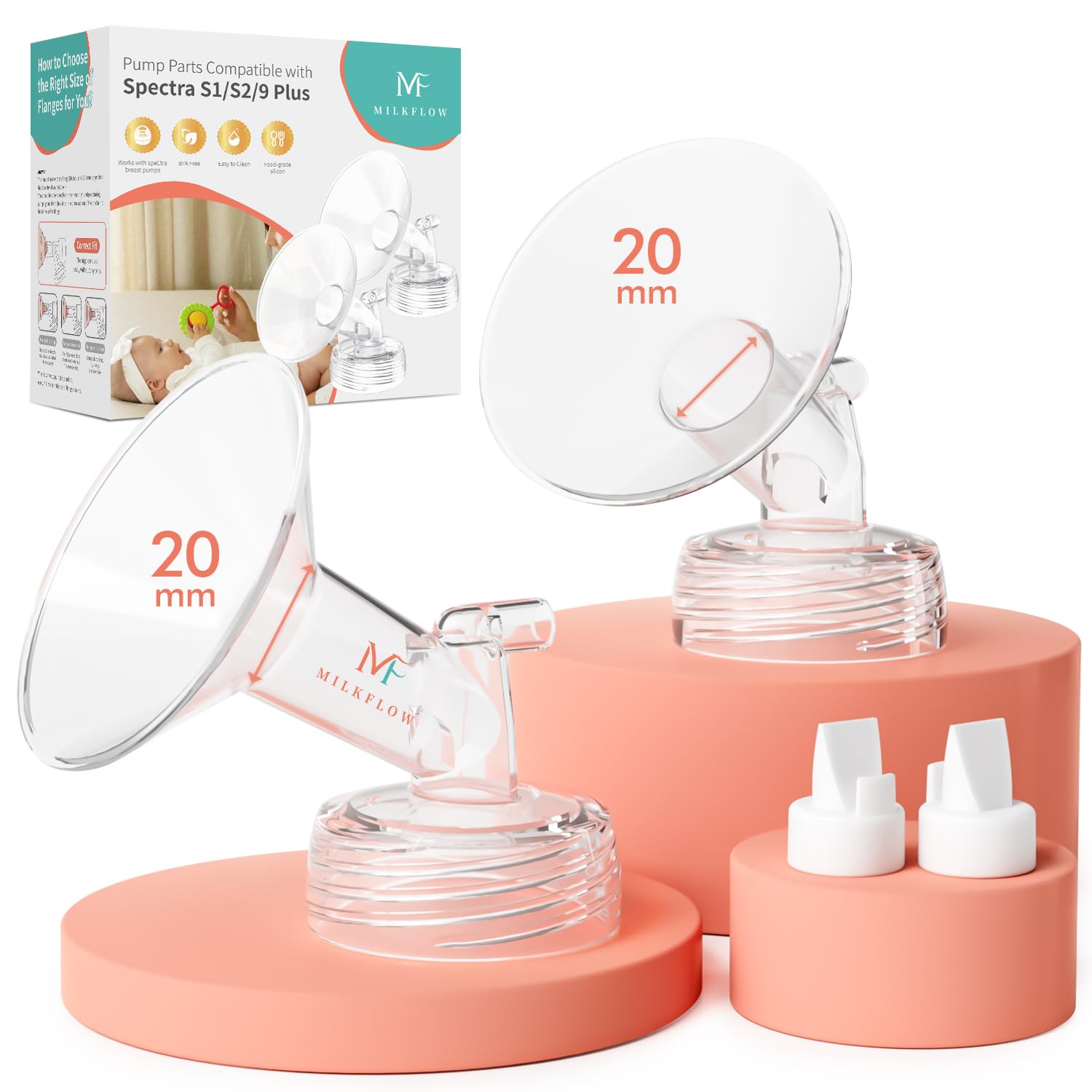 2 Set 20mm Brusthauben für Spectra S1/S2/S9 Plus mit Ventilen | Doppelset mit zwei 20mm Brusthauben und zwei Ventil für eine passgenaue Pumpausstattung