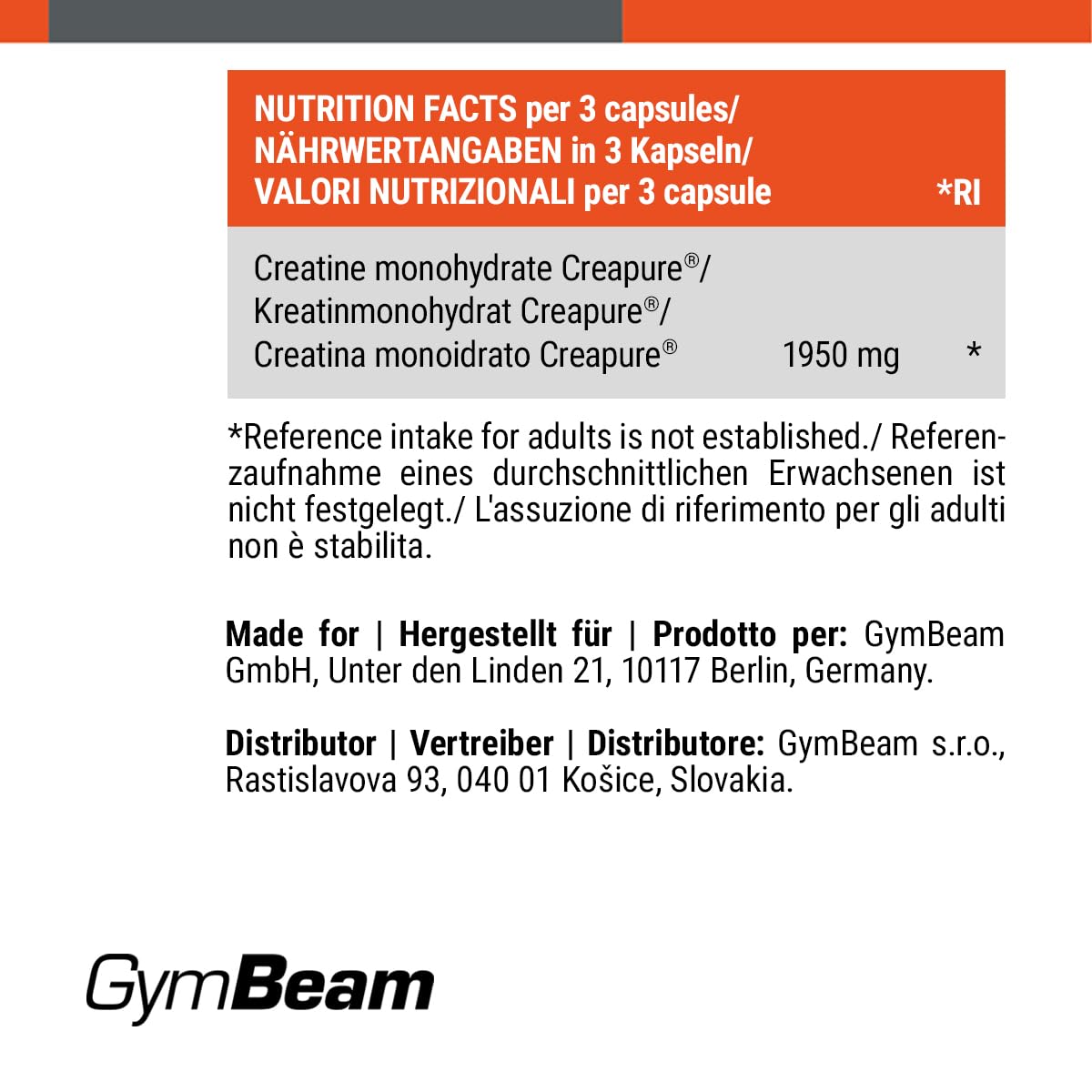GymBeam Creatina Monoidrato Capsule - 100% Creapure®, per l'aumento delle prestazioni fisiche, adatta per uomini e donne, ideale per atleti di resistenza e sport di squadra