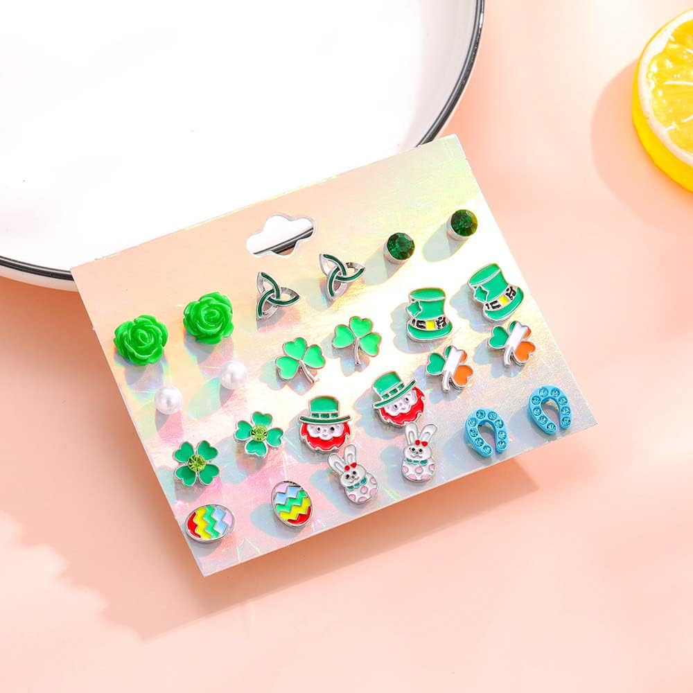 12 Pairs St Patrick's Day Stud Earrings Set for Girls Cute Easter Bunny Egg Earrings for Women Teen Girls Green Shamrock Clover Celtic Earrings Irish Jewelry - Image 3