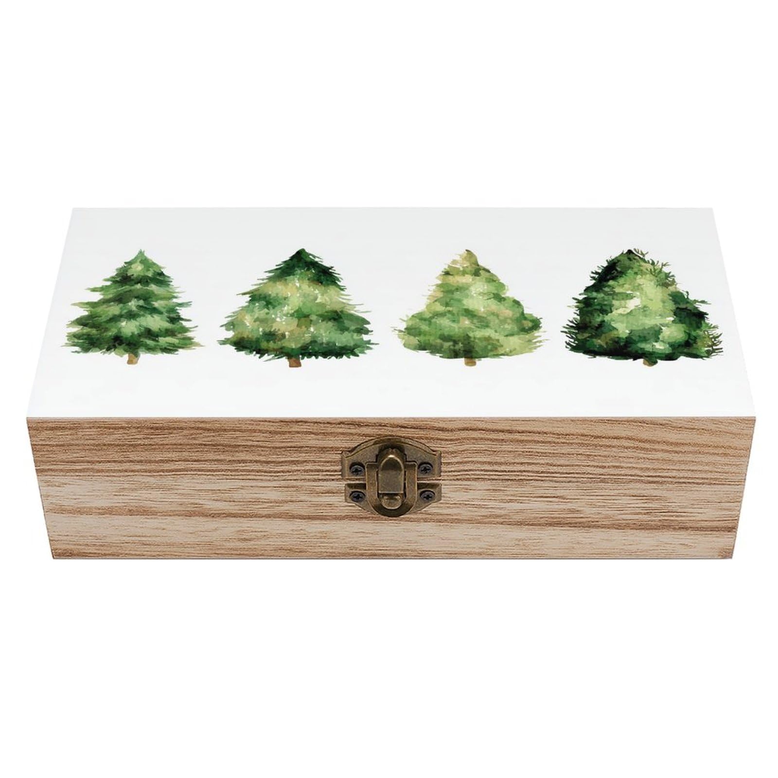 Ahdyr As Pic Four Christmas Trees Watercolor Wooden Storage Box With Hinged Lid And Front Clasp Large Keepsake Box