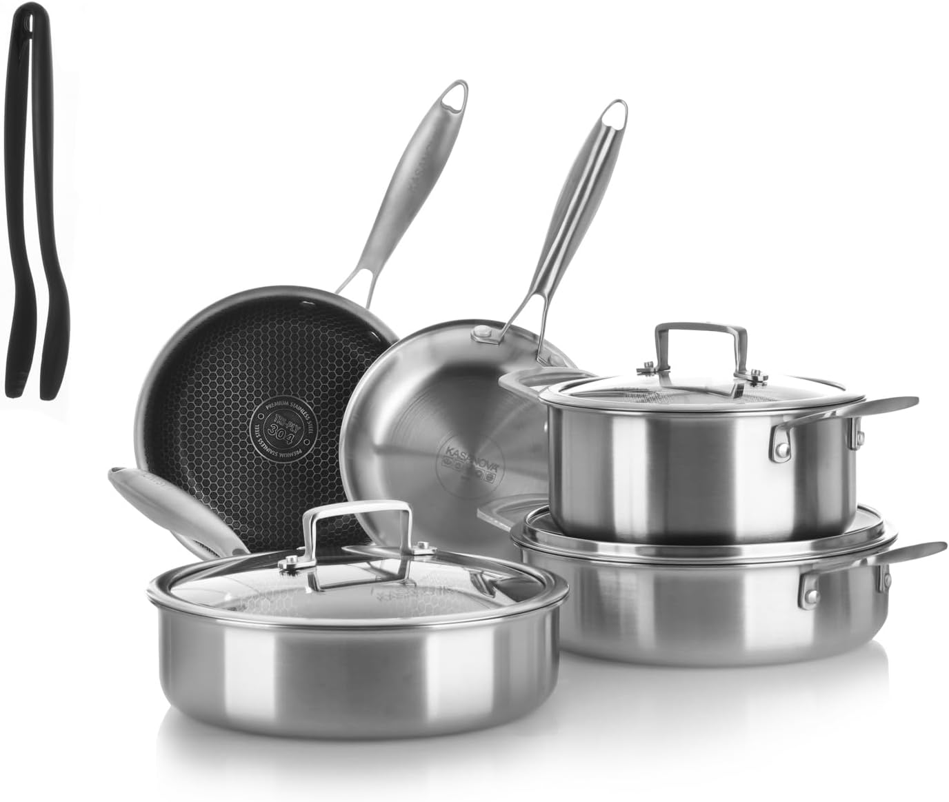 KASANOVA Tri-ply Cookware Set, Triple Layer Stainless Steel Pot and Pan Set, Non-stick Induction Cookware and All Hobs, Oven up to 220°C (9 Pieces)