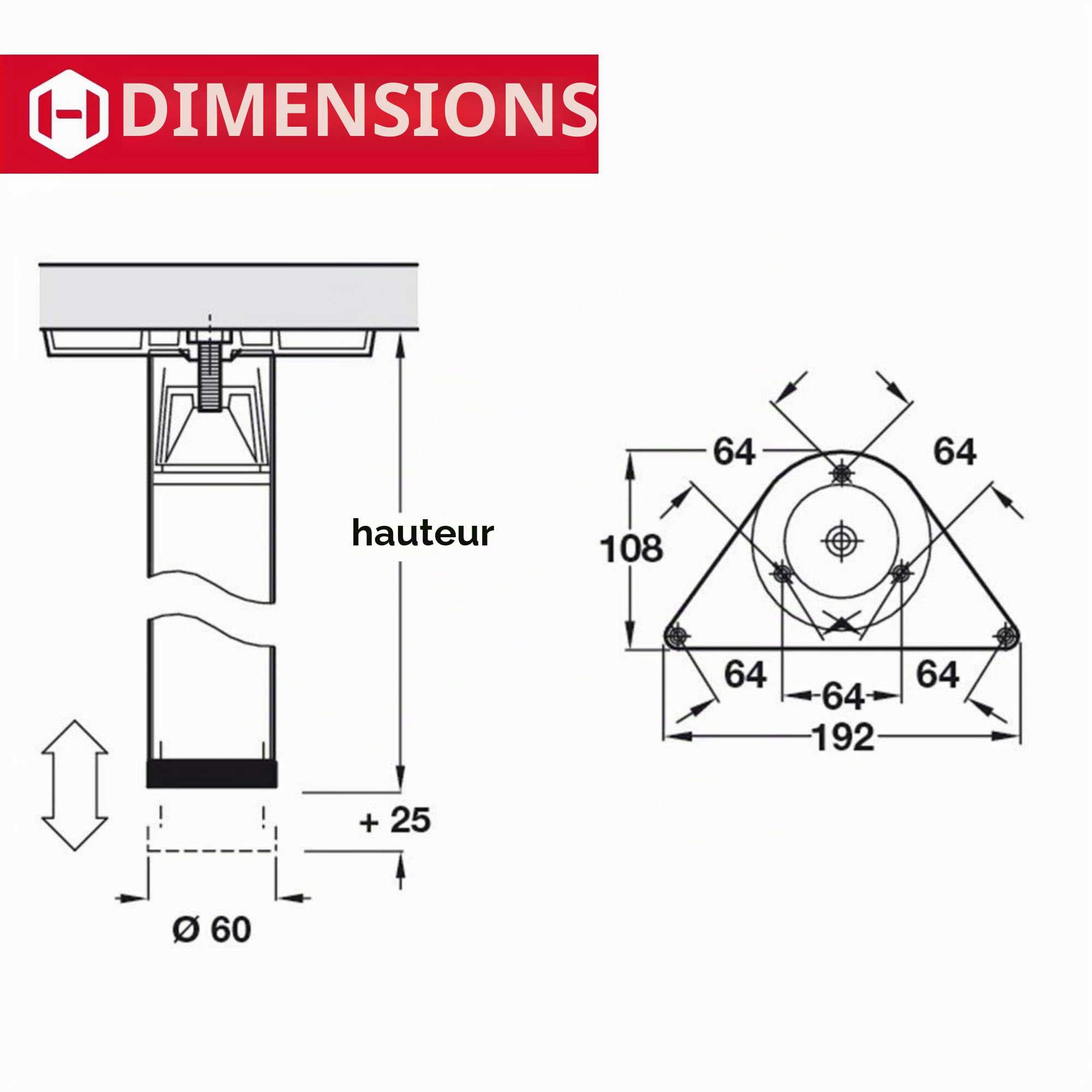 Pied de Meuble Métallique Réglable | Modèle H10251 | Hauteur 710 mm | Ø 60 mm | 4 Pièces - Pied de Support avec matériel de Fixation | Acier Inoxydable | Pied de Table cylindrique