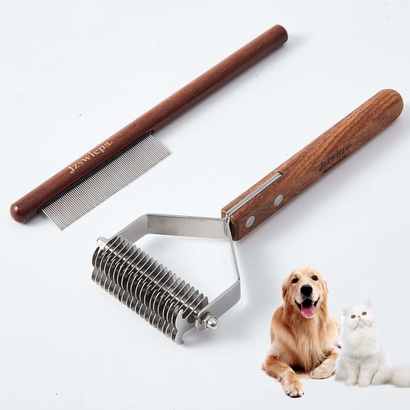 Pet Dematting Rake with 2 sided Professional Pet Grooming Rake for Dogs and Cats 20 Blades Deshedding Detangle Thinning Undercoat Comb and Face Comb Kit with Wooden Handle