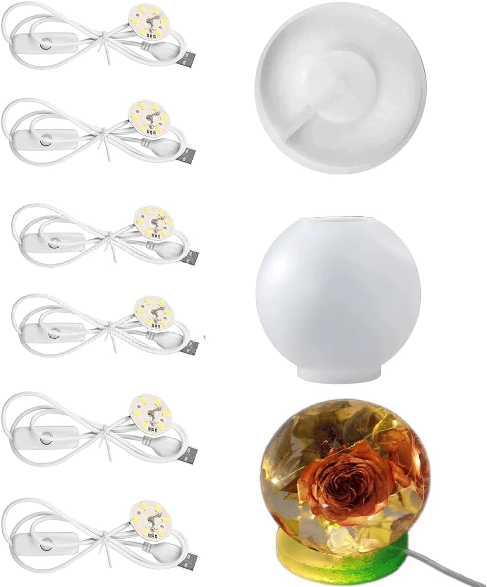 Sphere Light Resin Silicone Mold Set, Lighted Base Round Ball Epoxy Resina Mold with 6Pcs USB Powered for Lamp Resin Molds DIY Luminous Epoxy Casting Craft Desktop Ornaments
