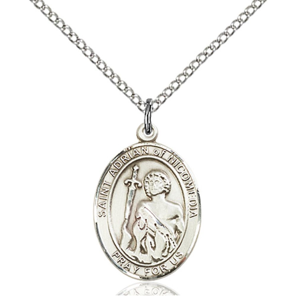 Bonyak Jewelry Saint Medal Collection Sterling Silver St. Adrian of Nicomedia Pendant 3/4 x 1/2 inches with Sterling Silver Lite Curb Chain