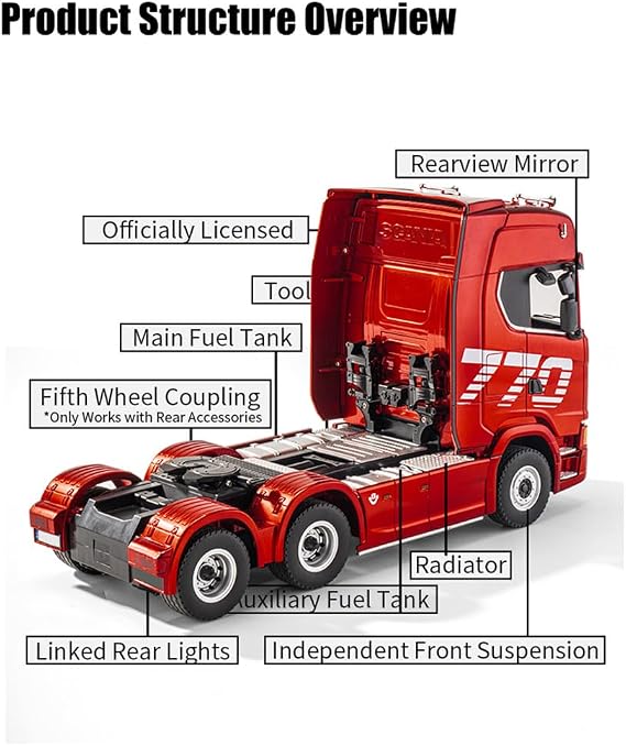 Remote Control Semi Truck with Rear Wheel Drive, 1:18 Scale 6x4 770S Heavy Duty Tractor Truck with LED & Sounds, Construction Vehicle for Adult Trucks - Red
