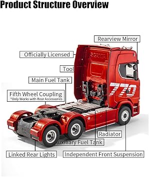 Remote Control Semi Truck with Rear Wheel Drive, 1:18 Scale 6x4 770S Heavy Duty Tractor Truck with LED & Sounds, Construction Vehicle for Adult Trucks - Red