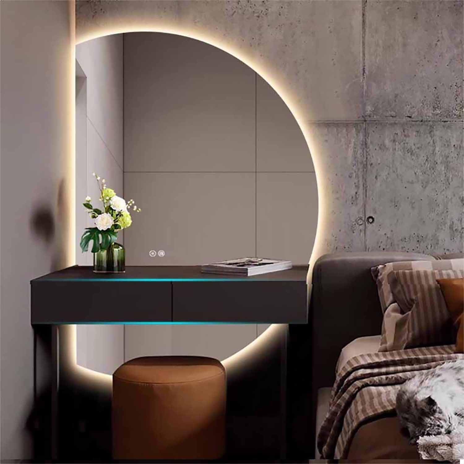 Espejo de baño de pared Irregular de 71 x 109 cm, Moderno Espejo de tocador antivaho con Forma de Media Luna, con Luz LED Decorativa sin Marco y regulable en 3 Colores (semicírculo izquierdo