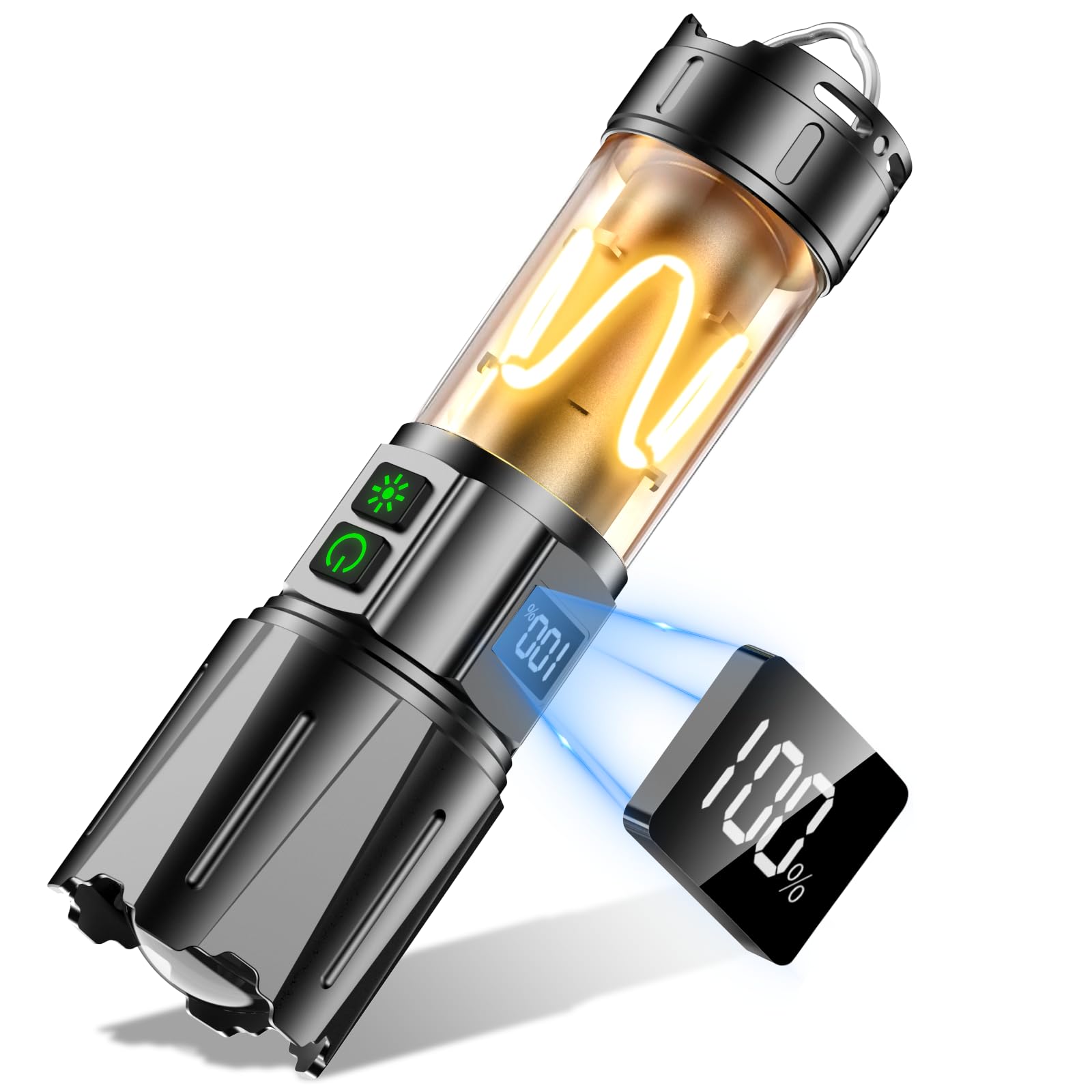 Relybo Torcia Led Potente Professionale, Torcia Ricaricabile 1000000 Lumen, Torcia Tattica Militare, 2 interruttori, Display LCD, per Situazioni Di Emergenza Campeggio Escursionismo Regali